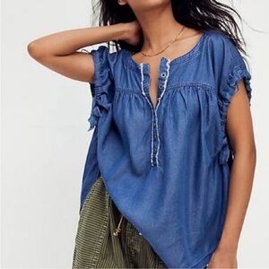 We The Free Denim Blue Ruffle Blouse